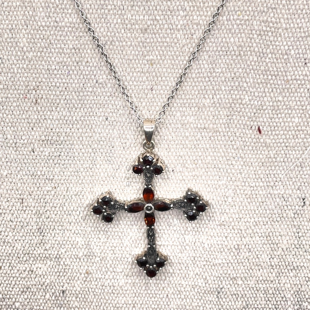 Sterling Silver Garnet Cross Pendant Necklace - Picture 2 of 13